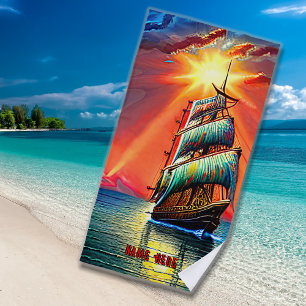 Name hinzufügen, Stylized Blue Sails Pirate Segels Strandtuch