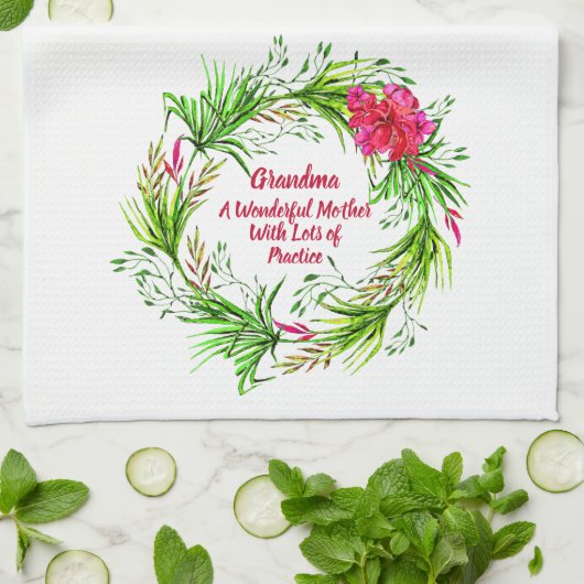 Name hinzufügen Text Großmutter Rosa Floral Boho Geschirrtuch (Gefaltet)