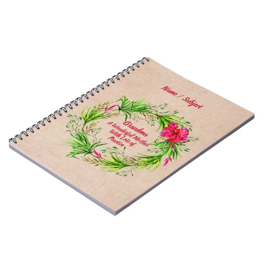 Name hinzufügen Text Großmutter Rosa Floral Boho Notizblock (Linke Seite)