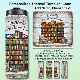 Name hinzufügen, Verrückte Buchlady, Bücherregal-S Thermosbecher