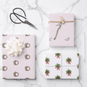 Name, Holly & Beeren Bouquet und Kranz 3tlg Geschenkpapier Set