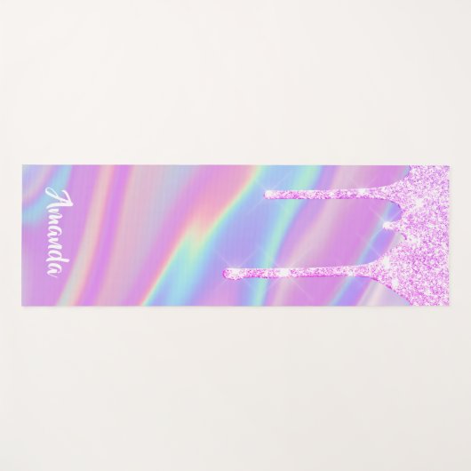 Name Holographic Pink Tropfens Unicorn Pastels Yogamatte (Vorderseite (Horizontal))