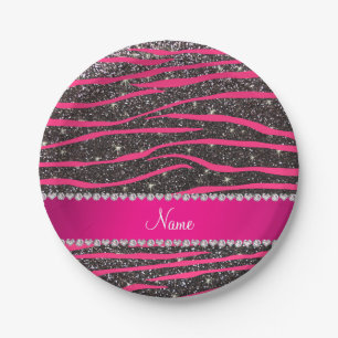 Name Hot Rosa Zebrastreifen Dunkelgrau Glitzer Pappteller