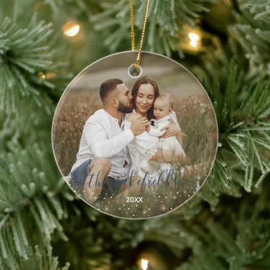 Name in Blue Script Flaches Sterne Weihnachts-Foto Keramik Ornament (Baum)