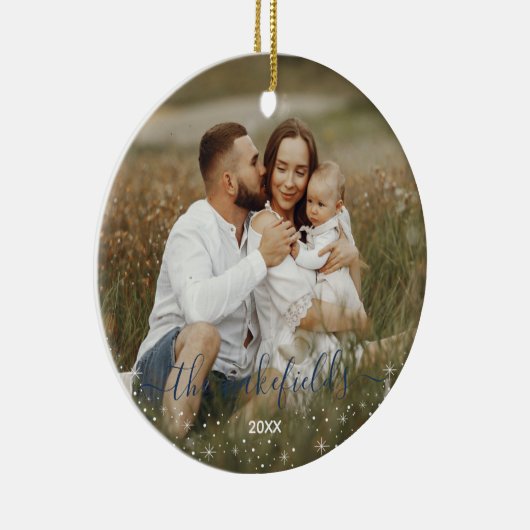 Name in Blue Script Flaches Sterne Weihnachts-Foto Keramik Ornament (Rechts)