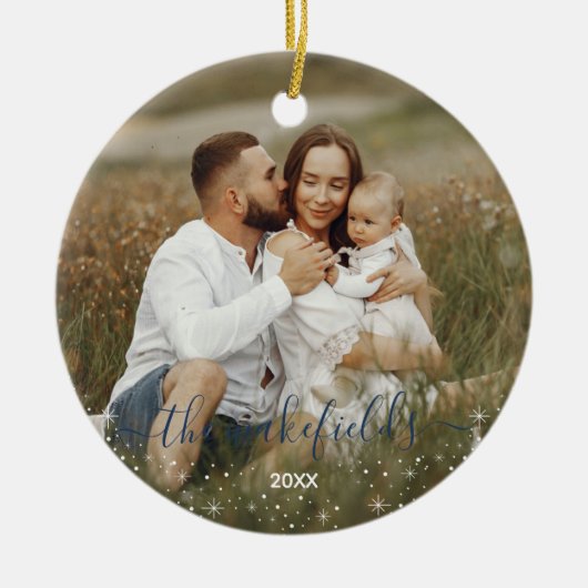 Name in Blue Script Flaches Sterne Weihnachts-Foto Keramik Ornament (Vorne)