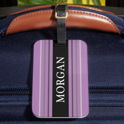 Name in Weiß, Schwarz und Grau Streifen, Lavendel Gepäckanhänger (Vorderseite Insitu 2)