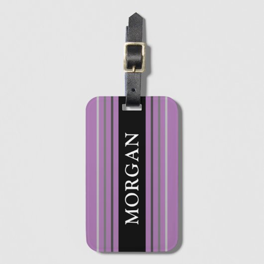 Name in Weiß, Schwarz und Grau Streifen, Lavendel Gepäckanhänger (Vorderseite Vertikal)