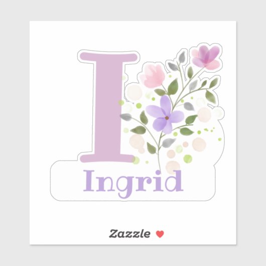 Name Ingrid & Initial mit Blumendesign Aufkleber (Blatt)