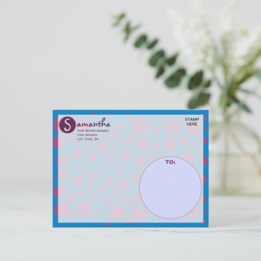 Name Initial Blue Lila Polka Dots Moons Circles Postkarte (Stehend Vorderseite)