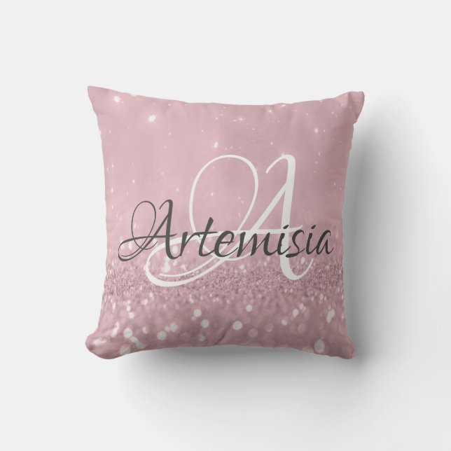 Name Initials Rosa Rose Blush Glitzer Kissen (Vorderseite)
