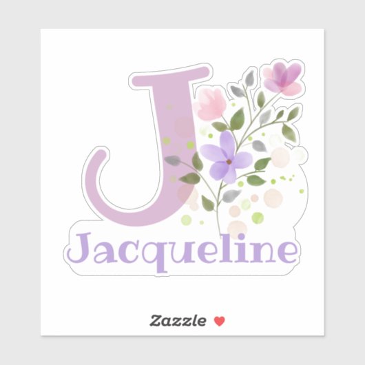 Name Jacqueline & Initial mit Blumendesign Aufkleber (Blatt)