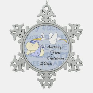 Name/Jahr des Babys zu Weihnachten/Storch-Anpassun Schneeflocken Zinn-Ornament