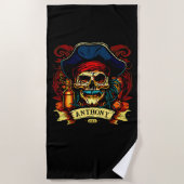Name Jahr hinzufügen, Pirate Skull Face Blue Hat a Strandtuch (Vorderseite)