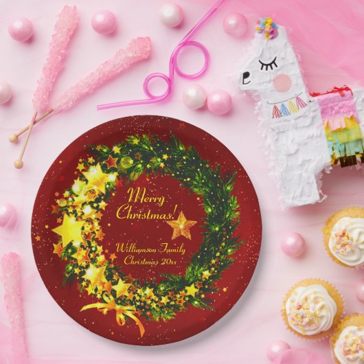 Name Jahr Weihnachten 20xx Gold Wreath auf Red Pappteller (Party)