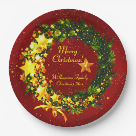 Name Jahr Weihnachten 20xx Gold Wreath auf Red Pappteller