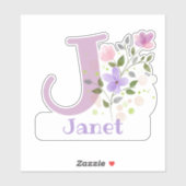Name Janet & Initial mit Blumendesign Aufkleber (Blatt)