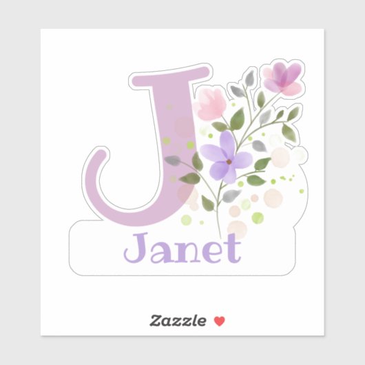 Name Janet & Initial mit Blumendesign Aufkleber (Blatt)