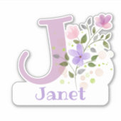 Name Janet & Initial mit Blumendesign Aufkleber (Vorderseite)