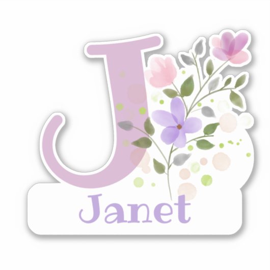 Name Janet & Initial mit Blumendesign Aufkleber (Vorderseite)