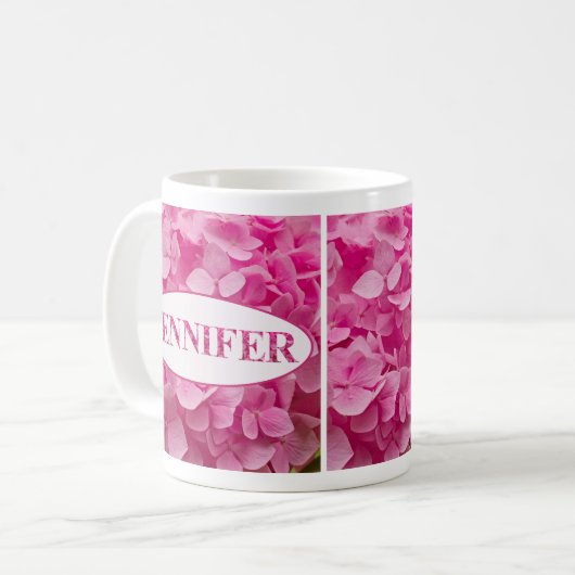 Name "Jennifer" in Pink Hydrangea Blumenschrift Kaffeetasse (Vorderseite Links)