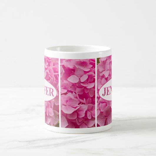 Name "Jennifer" in Pink Hydrangea Blumenschrift Kaffeetasse (Mittel)