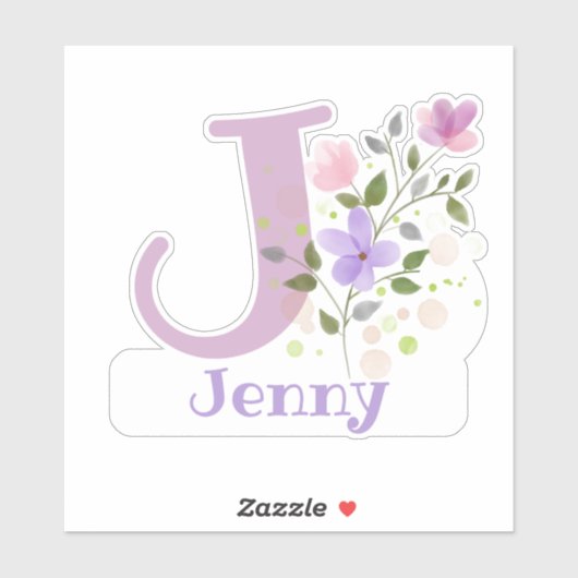 Name Jenny plus Initial mit Blumendesign Aufkleber (Blatt)