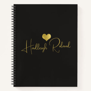Name Kalligrafie Gold Schwarz Monogramm Herz Notizblock