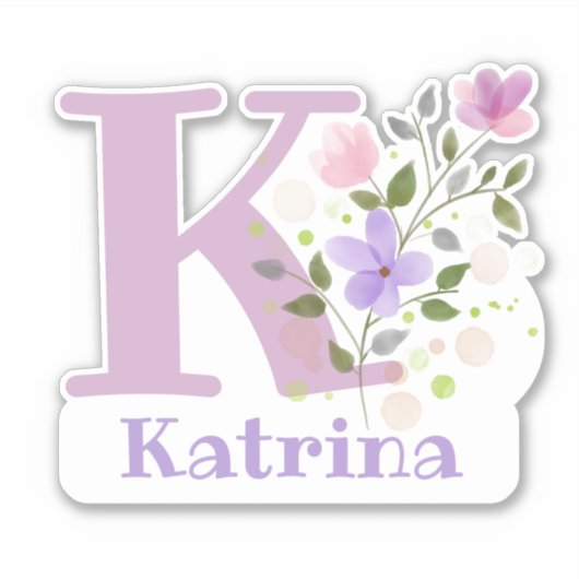 Name Katrina plus Initial mit Blumendesign Aufkleber (Vorderseite)