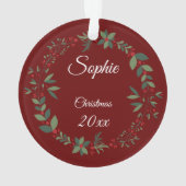 Name Kid's Foto Burgundy Weihnachtskranz Ornament (Rückseite)
