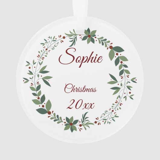 Name Kid's Foto Burgundy Weihnachtskranz Ornament (Rückseite)