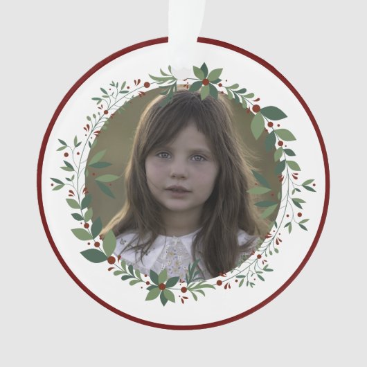 Name Kid's Foto Burgundy Weihnachtskranz Ornament (Vorderseite)