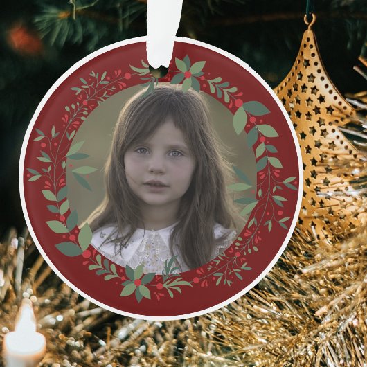 Name Kid's Foto Burgundy Weihnachtskranz Ornament
