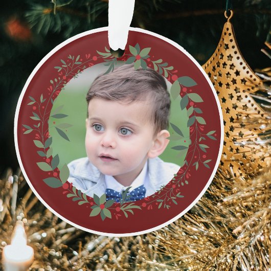 Name Kinderkind's Foto Burgundy Weihnachtskranz Ornament