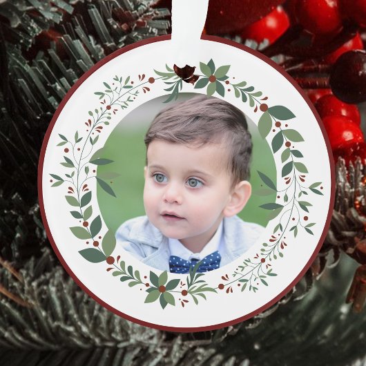 Name Kinderkind's Foto Burgundy Weihnachtskranz Ornament