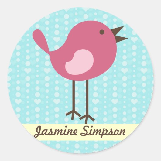 Name Labels/Aufkleber Pink Bird - Blue Heart Desig Runder Aufkleber (Vorderseite)