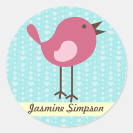 Name Labels/Aufkleber Pink Bird - Blue Heart Desig Runder Aufkleber