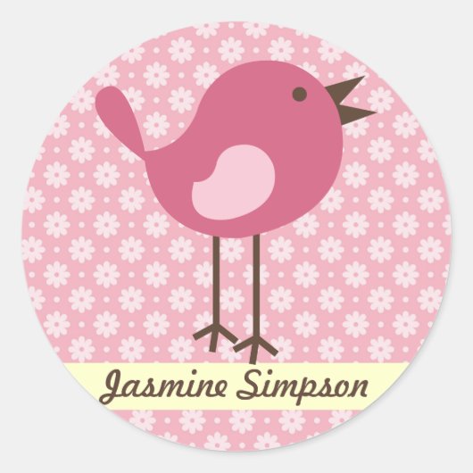 Name Labels/Aufkleber Pink Bird - Daisy Design Runder Aufkleber (Vorderseite)