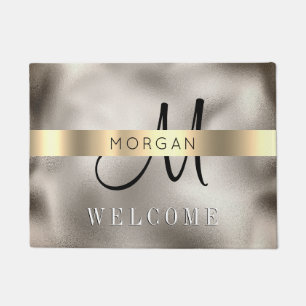 Name & LG Monogramm, Meldung, B/W Text, Gold/Silbe Fußmatte
