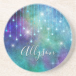 Name, Lila & Aquamarin, Leuchten & Sparkeln person Getränkeuntersetzer<br><div class="desc">Personalize name in white script on purple and teal background with hanging lights and sparkle. Click "Customize" to change colors and type styles.</div>