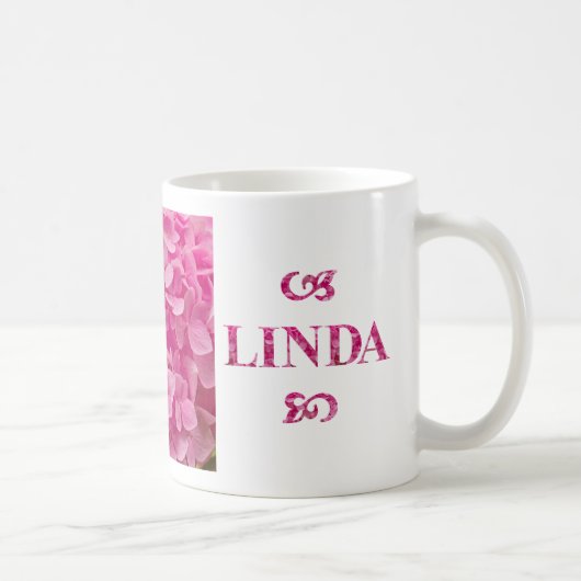 Name "Linda", Niedliche Pink Hydrangea Blumenschri Kaffeetasse (Rechts)
