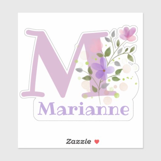 Name Marianne & Initial mit floralem Design Aufkleber (Blatt)