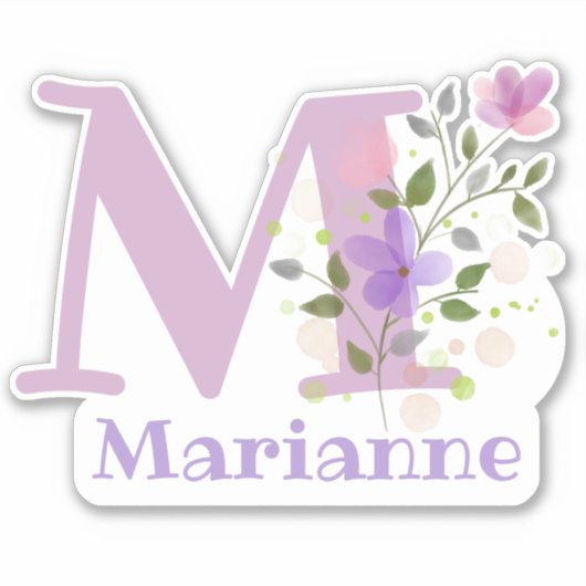 Name Marianne & Initial mit floralem Design Aufkleber (Vorderseite)