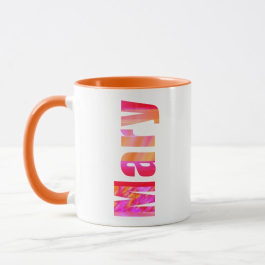 Name "Mary", lebhafte farbenfrohe rosa orangefarbe Tasse (Links)
