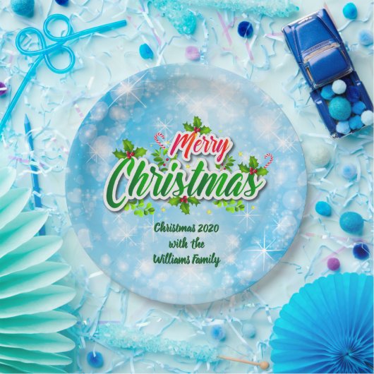 Name Matching Merry Christmas Blue 9" Pappteller (Party)