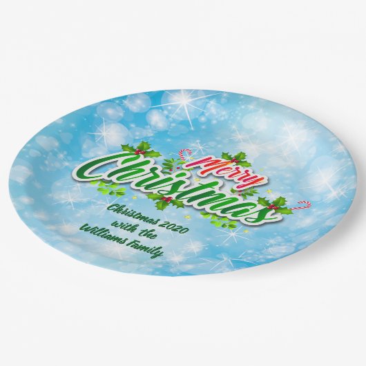 Name Matching Merry Christmas Blue 9" Pappteller (Schrägansicht)