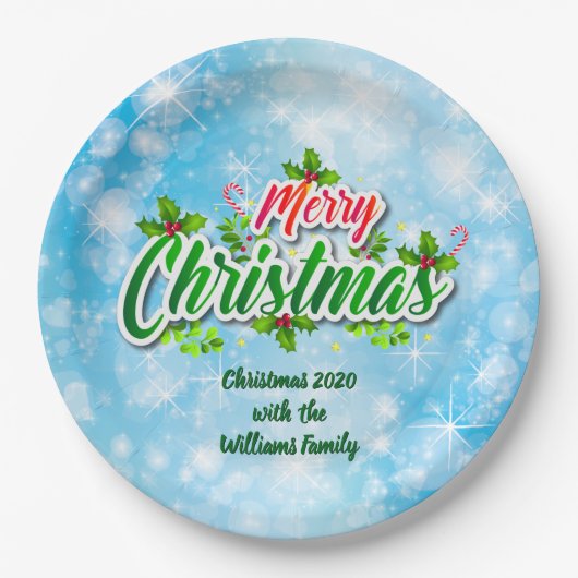 Name Matching Merry Christmas Blue 9" Pappteller (Vorderseite)