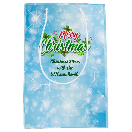Name Matching Merry Christmas Blue Medium Geschenk Mittlere Geschenktüte (Vorderseite)