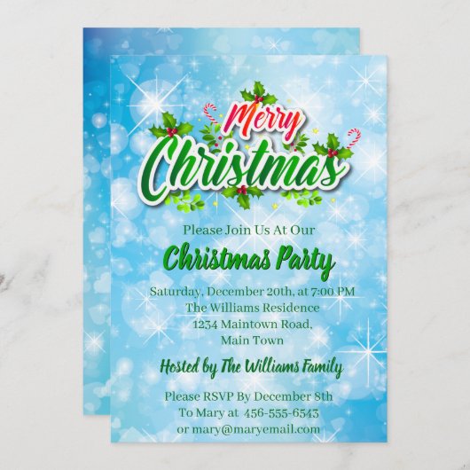 Name Matching Merry Christmas Blue Party Invit hin Einladung (Vorne/Hinten)