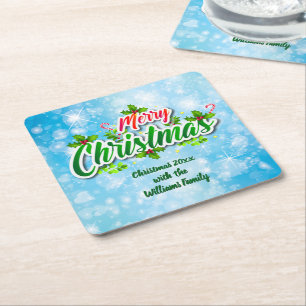 Name Matching Merry Christmas Blue Square Papa hin Rechteckiger Pappuntersetzer